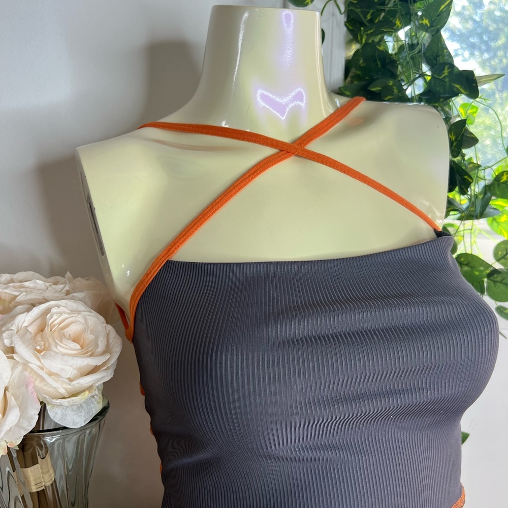 PrettyLittleThing✨ Grey Ribbed Bodycon Mini Dress with Orange Straps 🩶🧡 BNWT